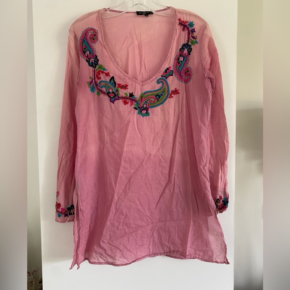 ETRO cotton tunic hand embroidered/beaded PAISLEY pink rose TURQUOISE S/M